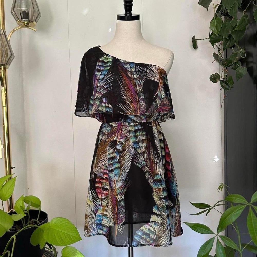 Alia Kris Multi-Color Black Feather Print One Shoulder Mini Dress Small